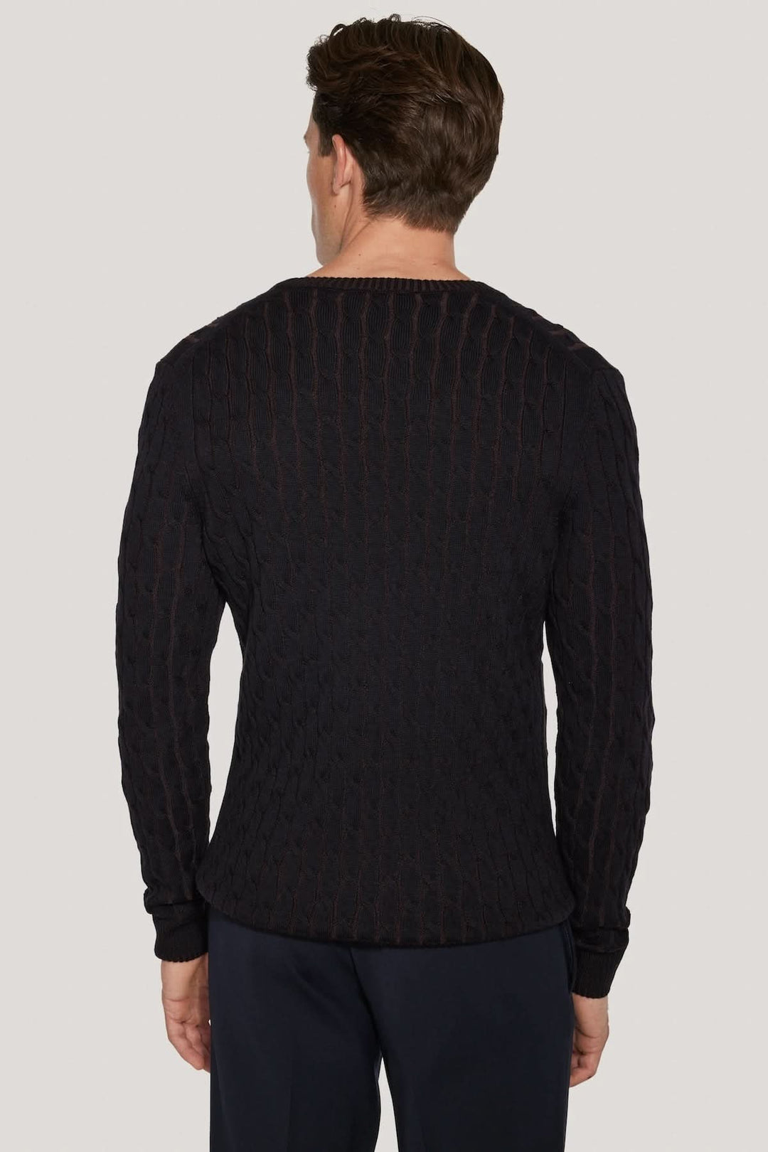 Homme portant un pull ras du cou torsadé en laine mérinos vanisée, vue de dos, montrant le détail du tricot vanisé.