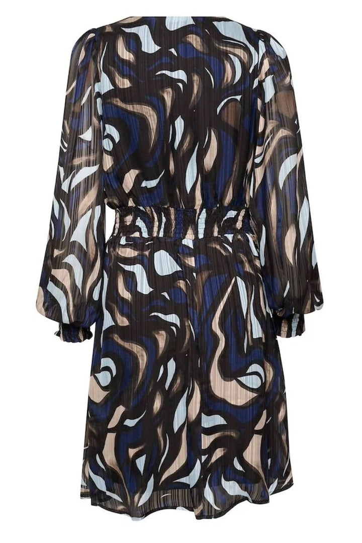 Robe Margo au dos, avec motif abstrait bleu, noir et beige, manches longues et taille élastique.