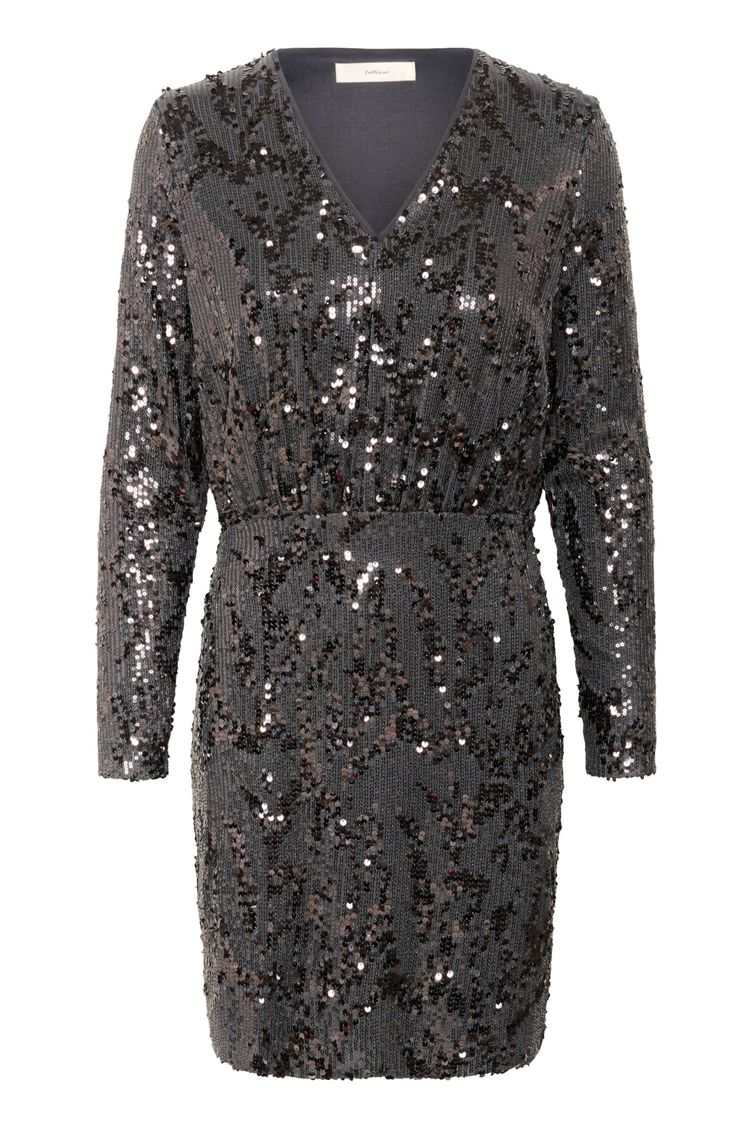 Robe Kimba à paillettes à manches longues avec col en V et coupe droite, idéale pour soirées festives. Décris moi le produit en français.