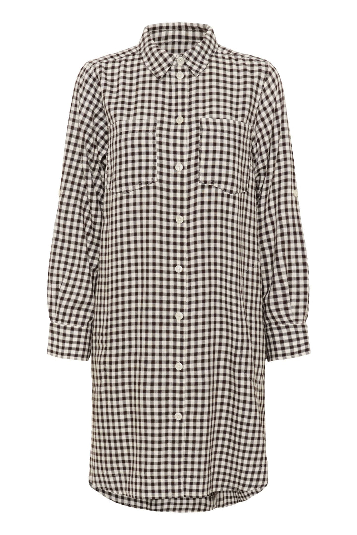 Robe Sardias à carreaux avec col classique, manches retroussables et coupe droite pour un look décontracté et moderne.