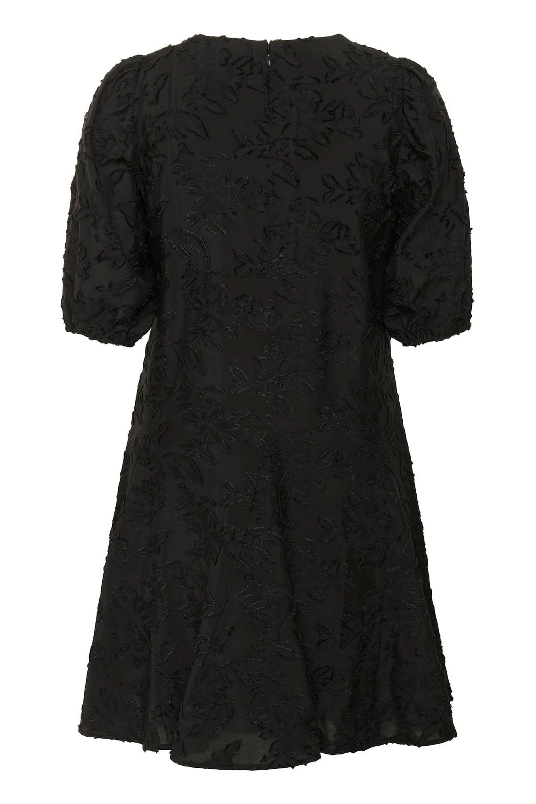 Robe Vilhelmina en dentelle à manches bouffantes, élégante robe noire avec motif floral et manches bouffantes mi-bras.