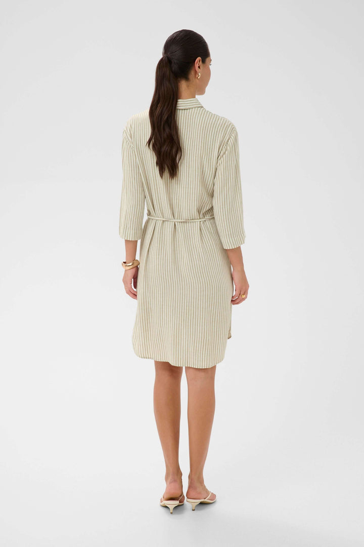 Robe chemise Milia à rayures avec ceinture, vue de dos, manches trois-quarts et ceinture à nouer, élégante et polyvalente.