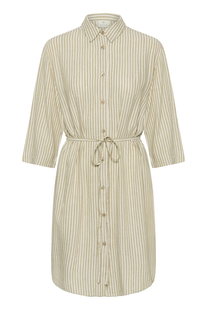 Robe chemise Milia à rayures avec ceinture, manches trois-quarts, col classique, élégance féminine et polyvalente, ceinture à nouer.