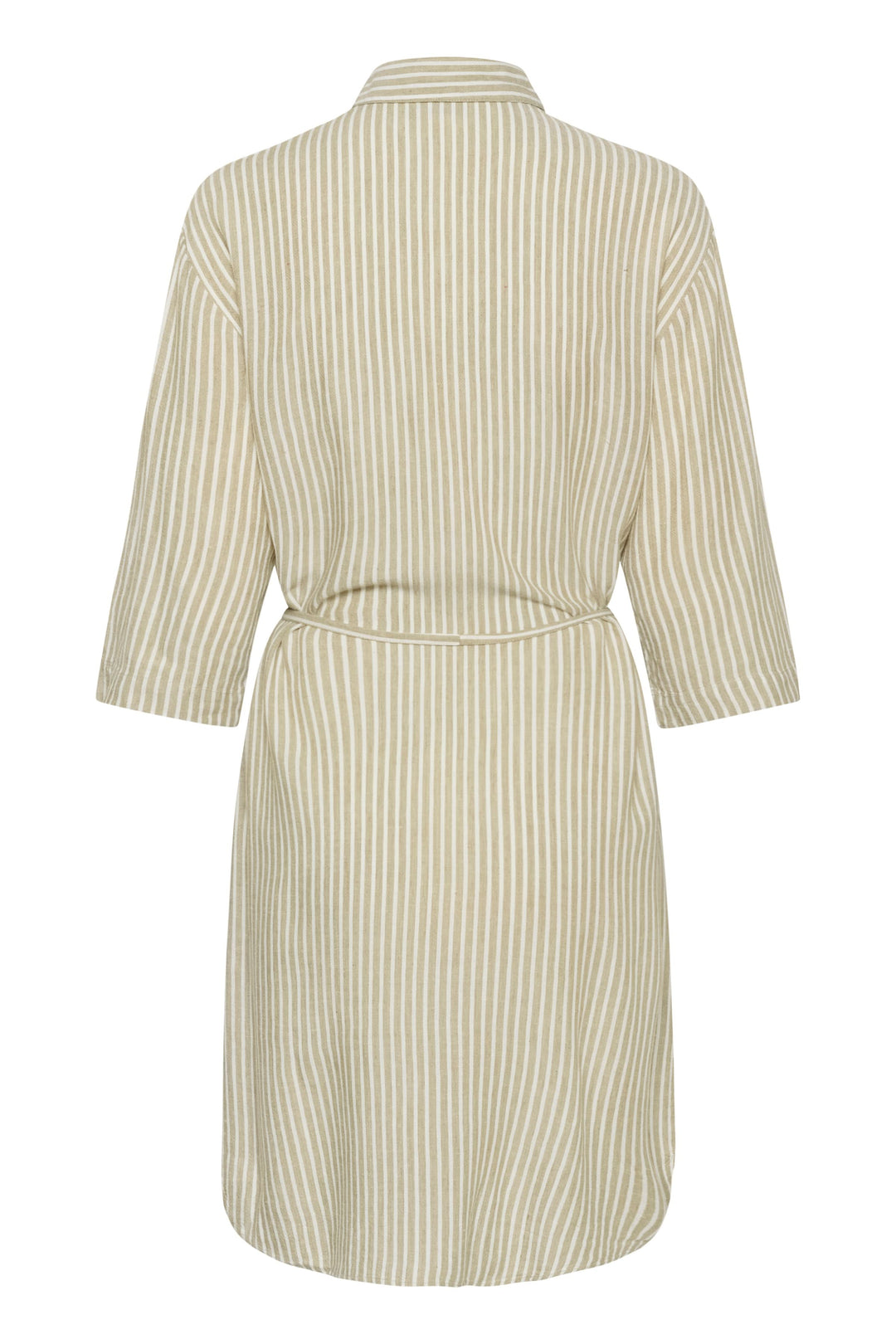 Vue arrière de la Robe chemise Milia à rayures avec ceinture, manches trois-quarts et col classique, décontractée et élégante.