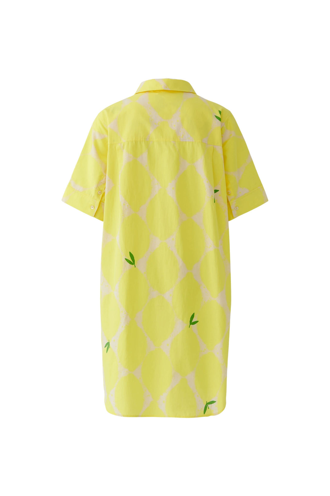 Robe chemise fluide imprimée jaune à manches courtes et col classique, vue de dos.
