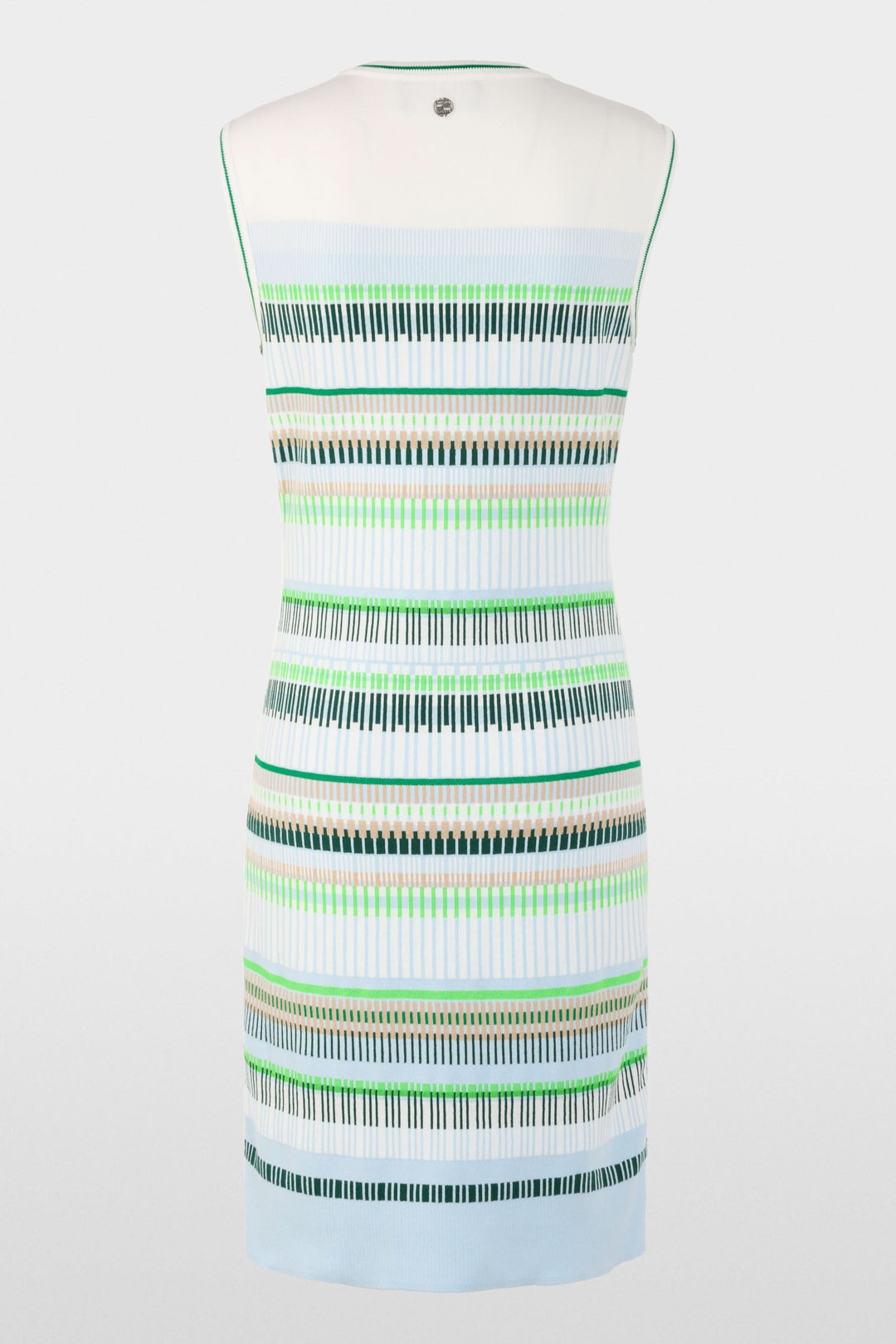 Robe courte tricotée avec motif rayures graphiques, sans manches, coupe ajustée près du corps, élégance moderne et confort.