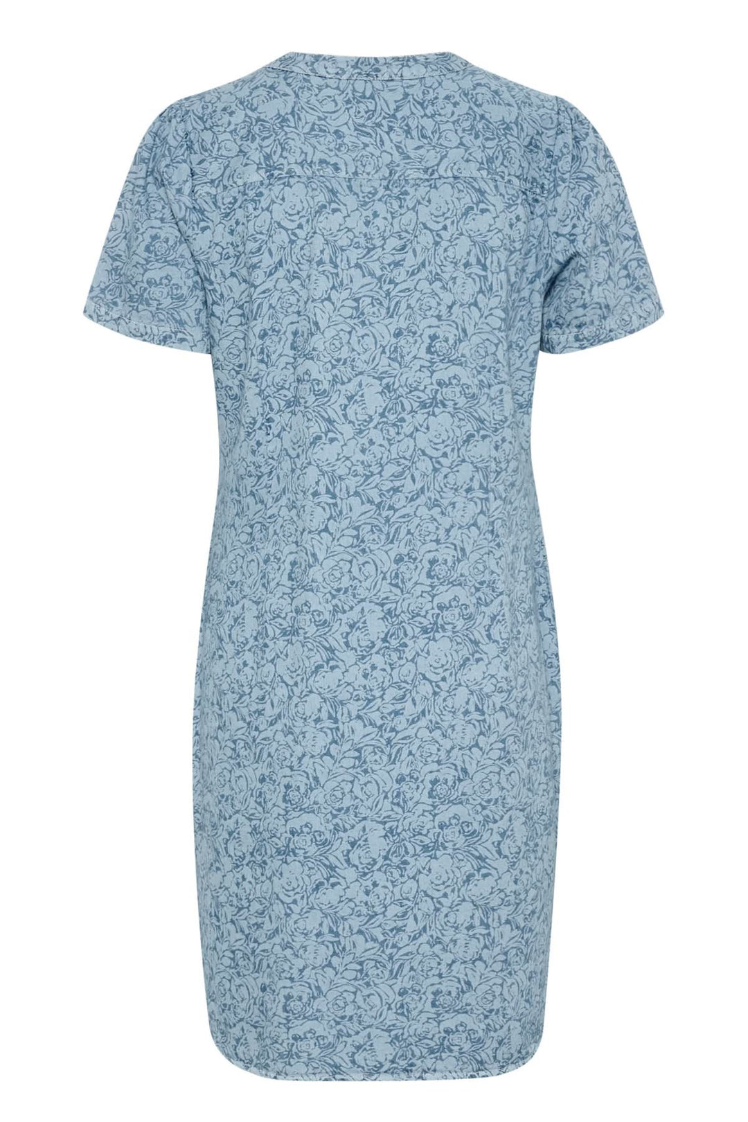 Robe de coton Aminase à manches courtes, imprimé floral, finition arrondie, longueur genou, vue arrière.