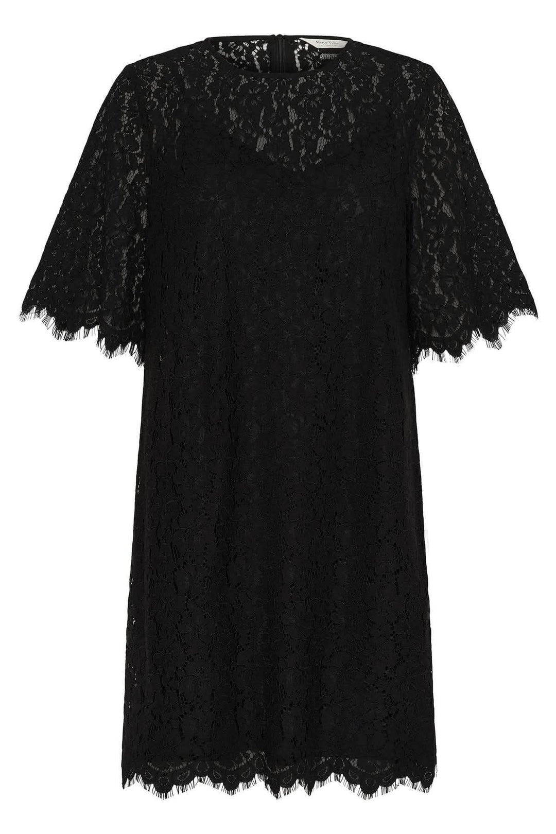 Robe en dentelle Vienne courte noire avec manches semi-transparentes, idéale pour événements chics, coupe A évasée et motif élégant.