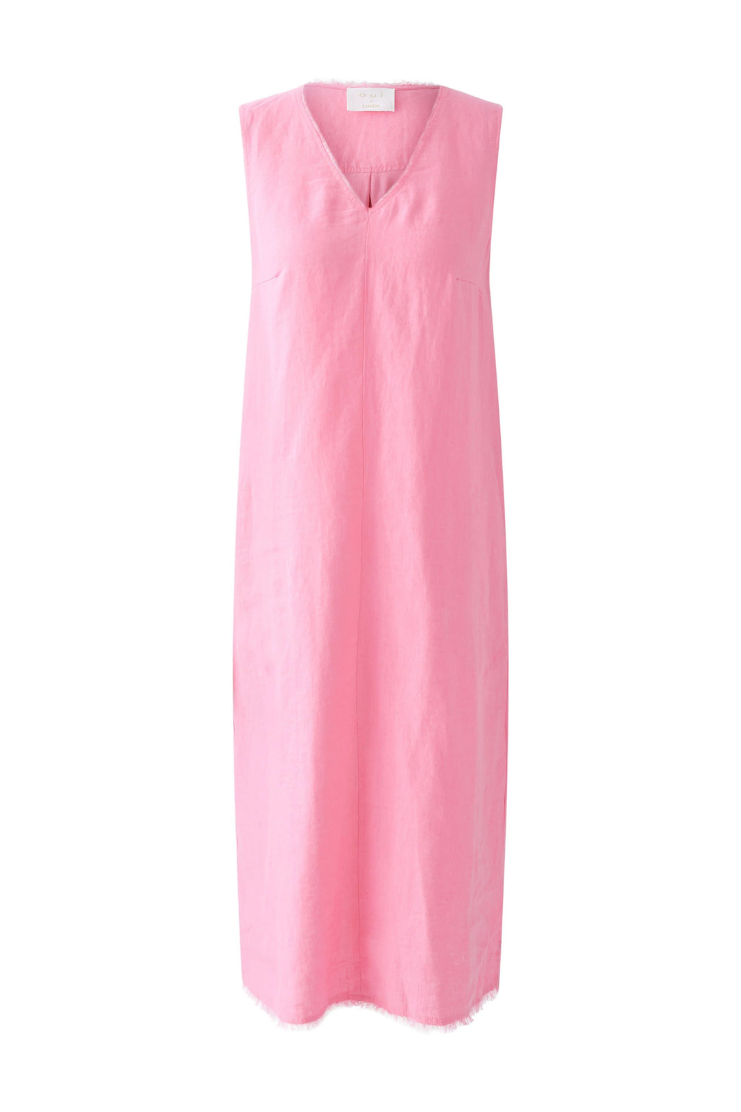 Robe longue sans manches en lin rose, avec encolure en V et coupe droite, idéale pour les journées chaudes.