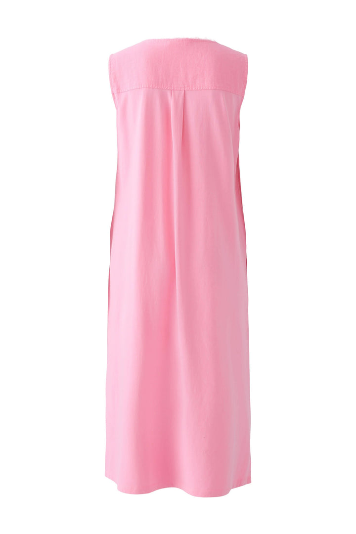 Robe longue sans manches en lin, couleur rose, vue arrière avec coupe droite et encolure en V.