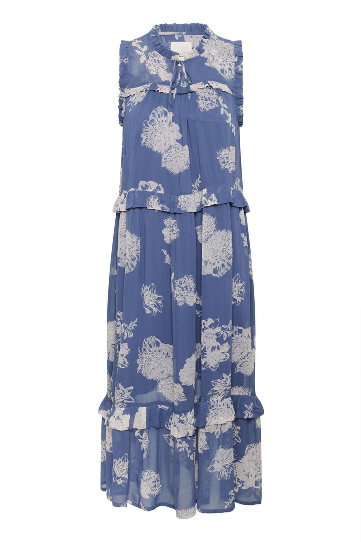 Robe longue Riyana sans manches avec imprimé floral bleu et volants délicats, parfaite pour l'été.