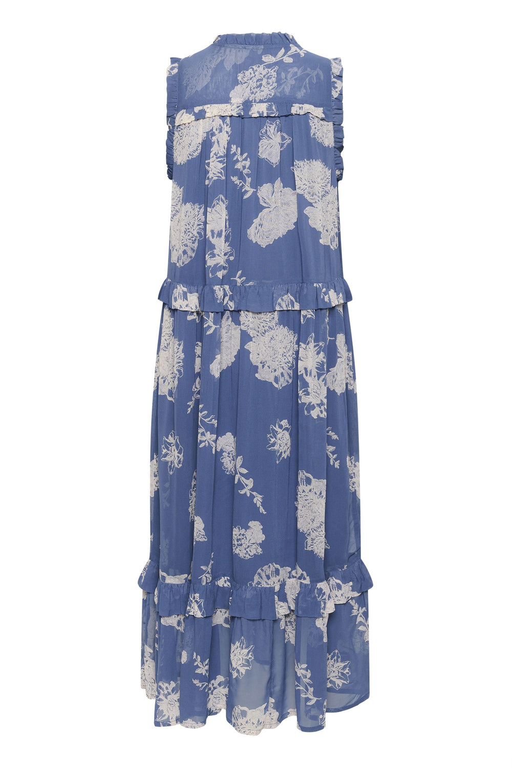 Robe longue Riyana bleu à imprimé floral, sans manches, avec volants délicats, parfaite pour l'été.