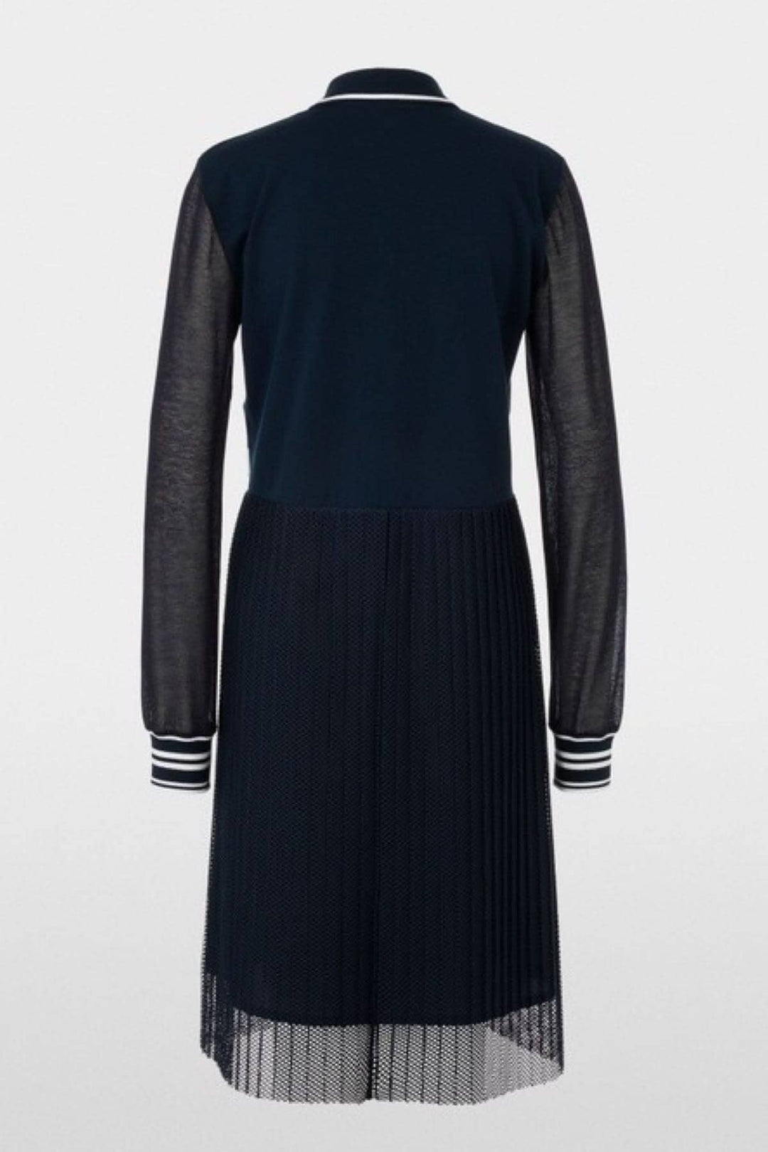 Robe midi avec manches transparentes, jupe plissée en résille, détails rayés au col et poignets.