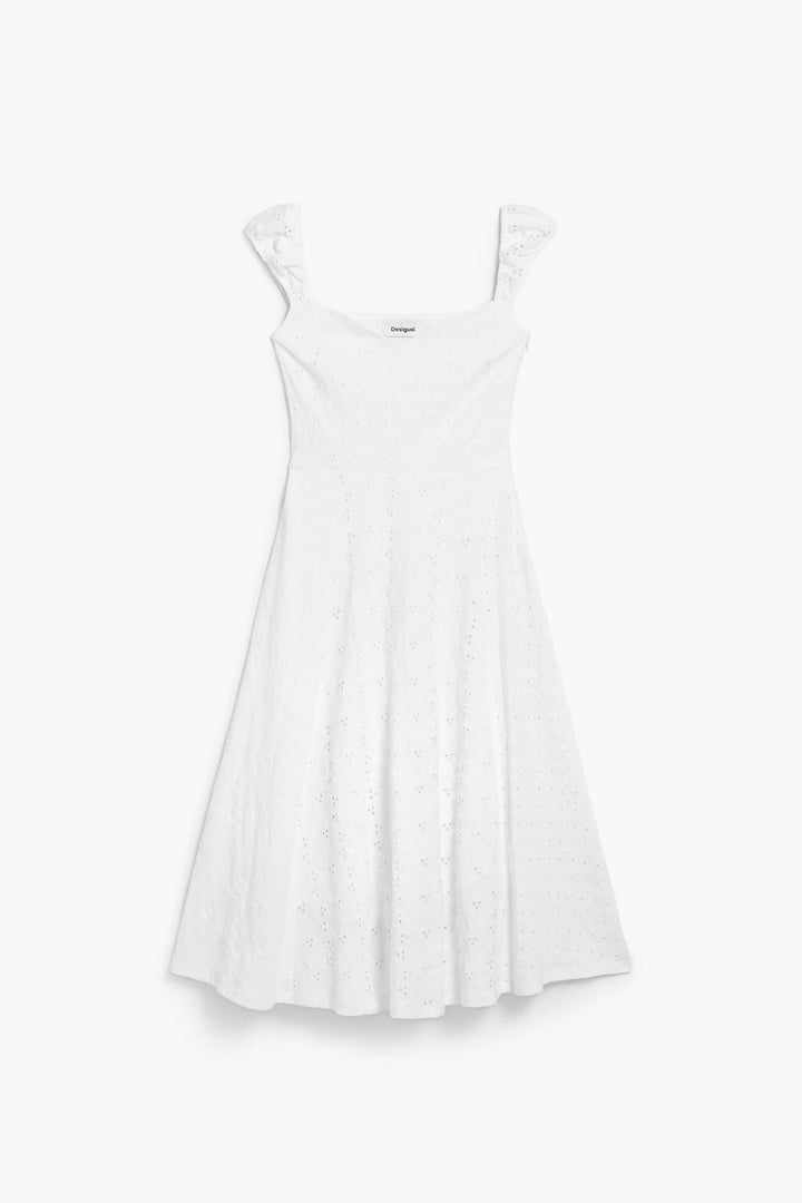 Robe midi brodée en broderie anglaise avec encolure cœur et bretelles larges, jupe évasée au style élégant et intemporel.