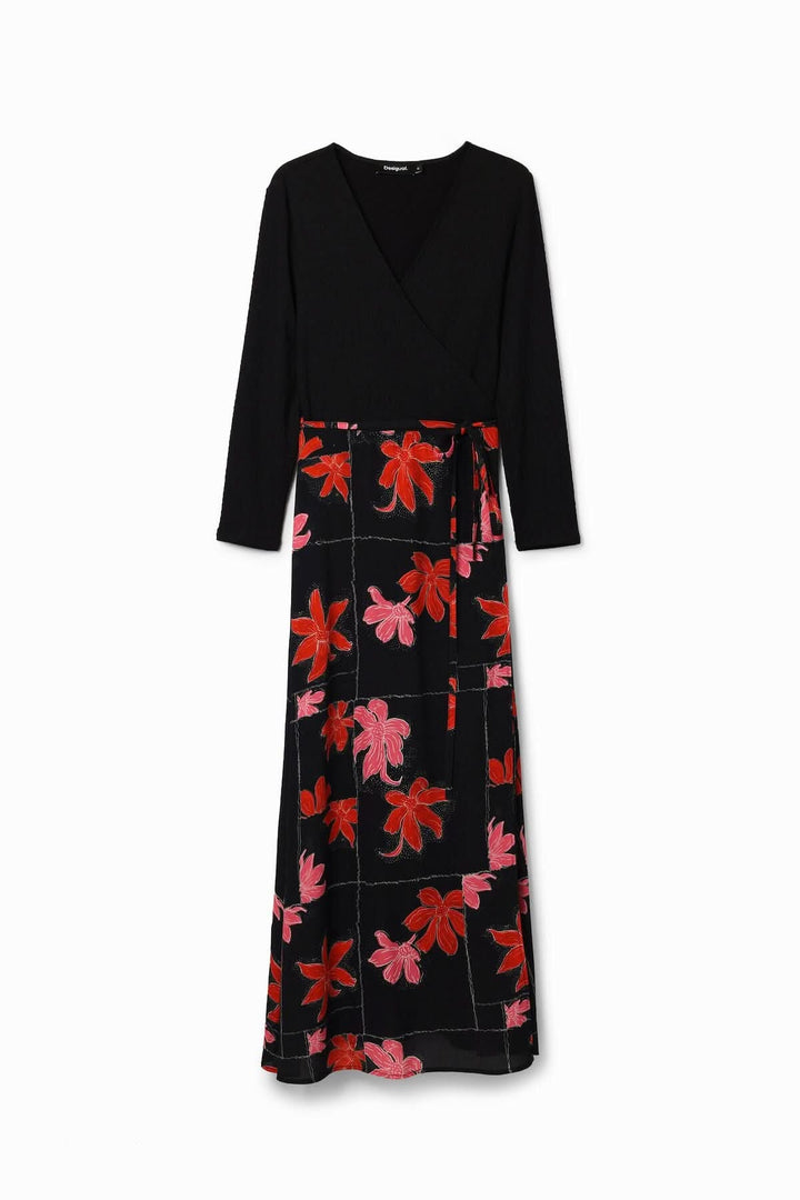 Robe midi portefeuille fleurie à manches longues, col V et cordon de taille, imprimé floral coloré.