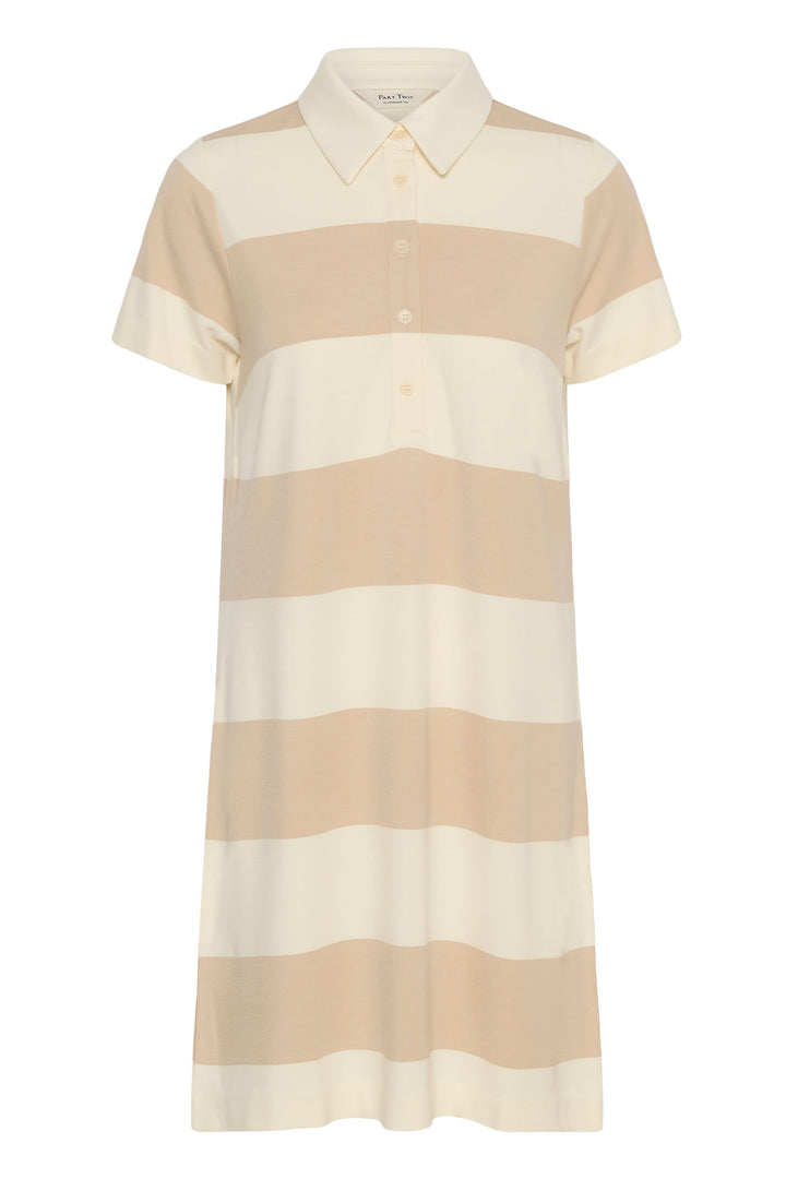Robe polo Elivia au style sportif-chic avec larges rayures beiges, offrant élégance et confort idéal pour un look décontracté.