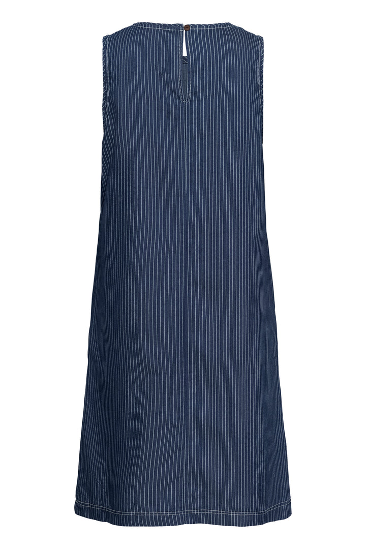Robe sans manches Agate avec motif à fines rayures, vue de dos, surpiqûres visibles, coupe droite, style décontracté et élégant.