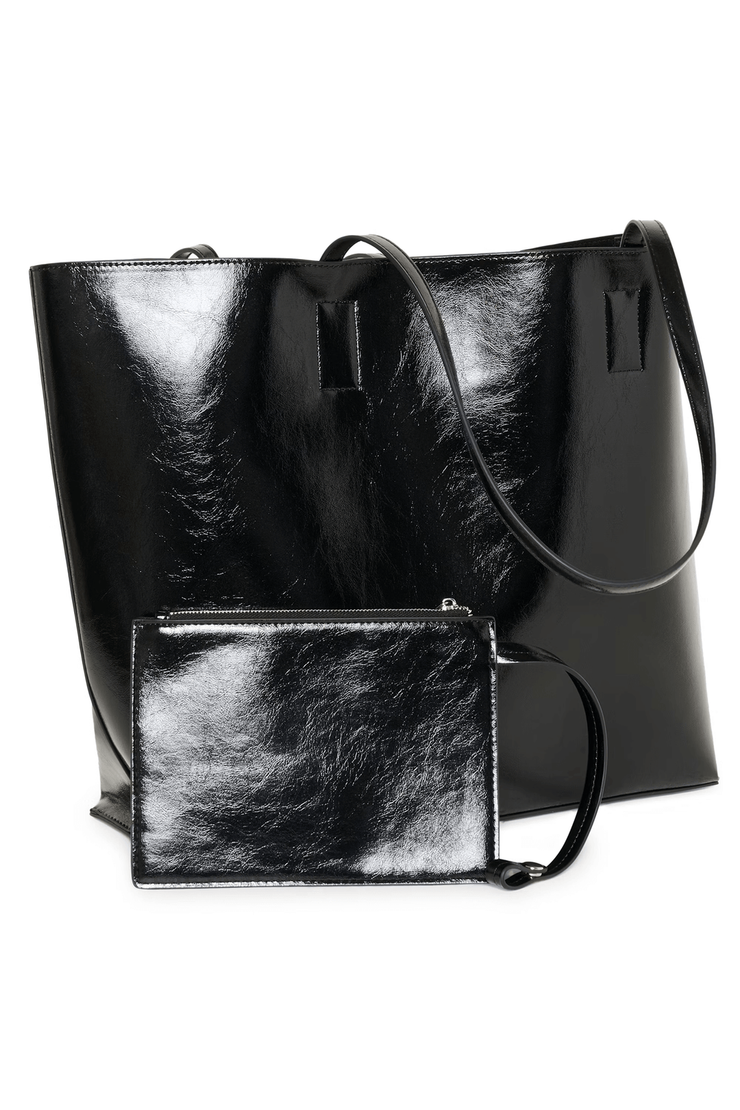 Sac Schila - Grand sac cabas noir, fini lustré avec pochette amovible, anses longues pour confort, chic et polyvalent.