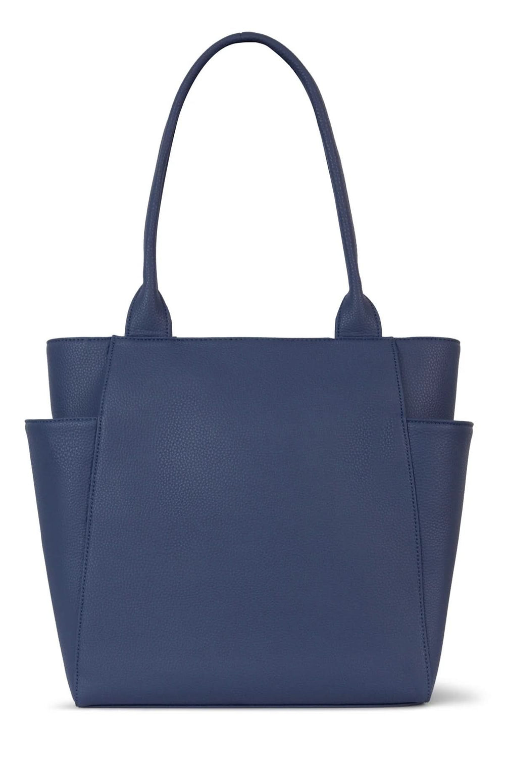 Sac fourre-tout Iona en bleu, spacieux avec poches latérales et boucle décorative, design fonctionnel et élégant.