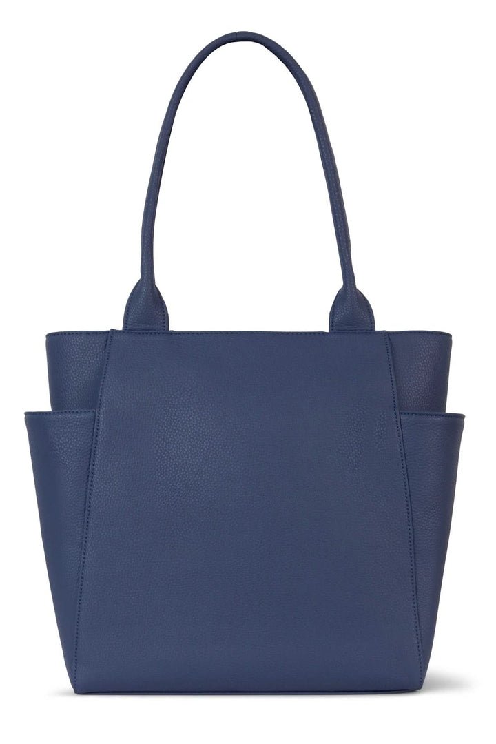 Sac fourre-tout Iona en bleu, spacieux avec poches latérales et boucle décorative, design fonctionnel et élégant.