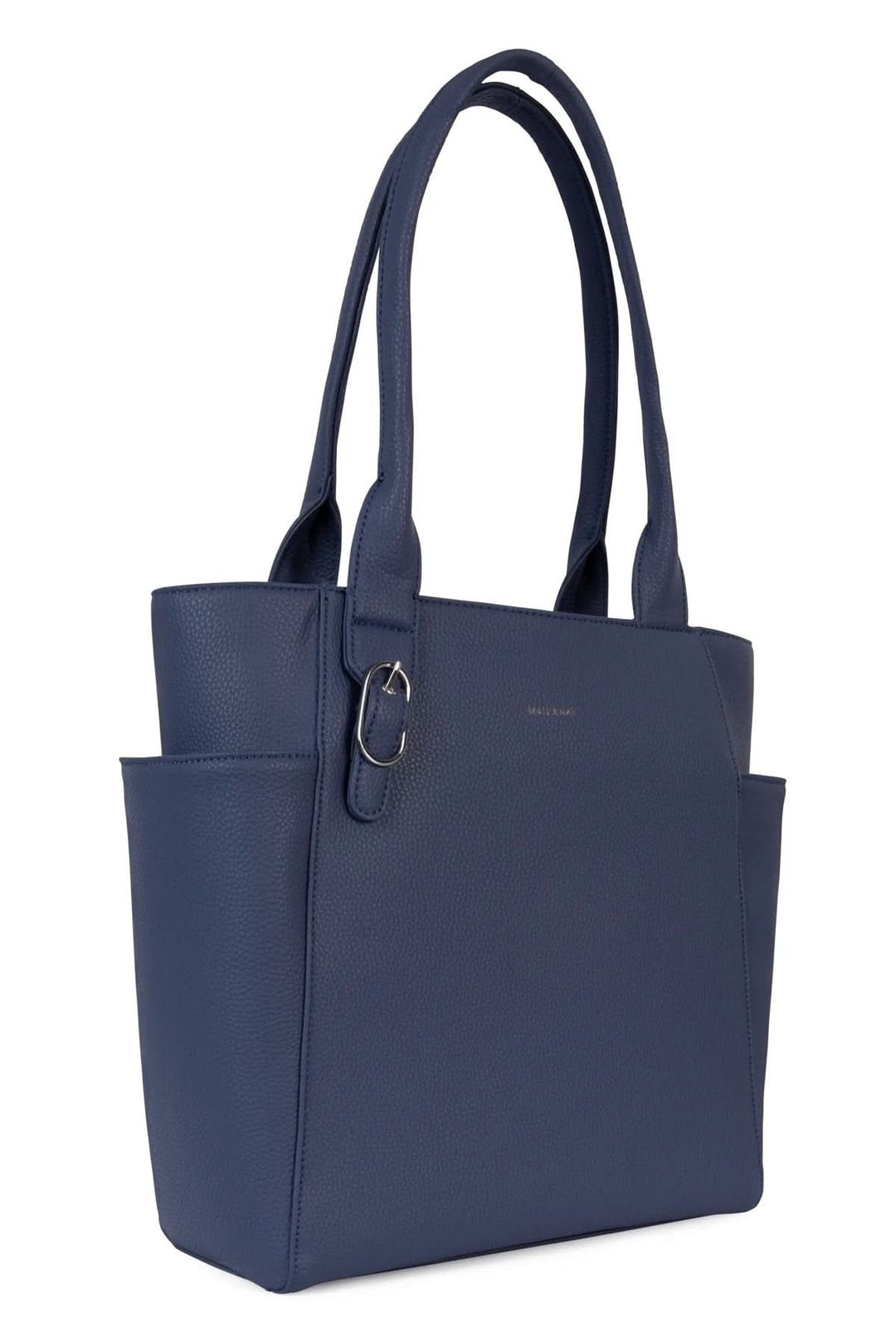 Sac fourre-tout Iona spacieux en bleu avec poches latérales et boucle décorative, dimensions 14,5" x 12,5".