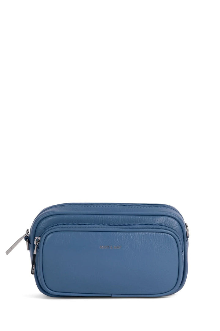 Sac à bandoulière bleu avec poches zippées, idéal pour un usage quotidien et rangement pratique.