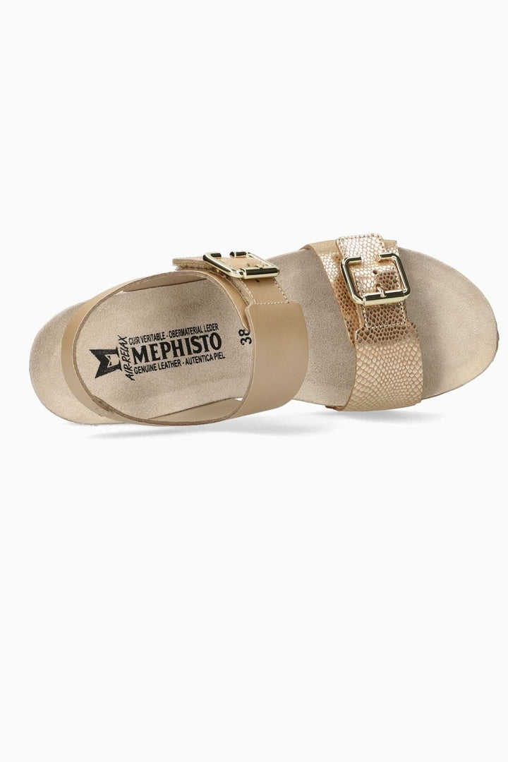 Sandale Lissandra en cuir beige avec semelle anatomique et brides ajustables en métal doré pour un confort et un style élégants.