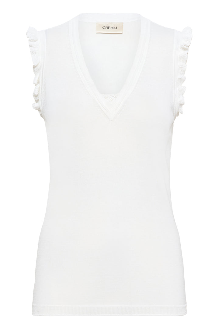 T-shirt Desten sans manches en blanc avec encolure en V et détails volantés sur les épaules, style féminin et léger.