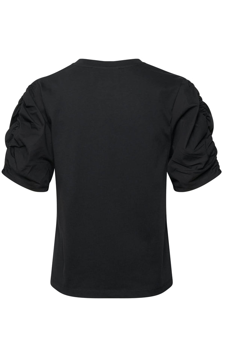 T-shirt Payana noir avec manches froncées, col rond et coupe droite, en 100% coton.