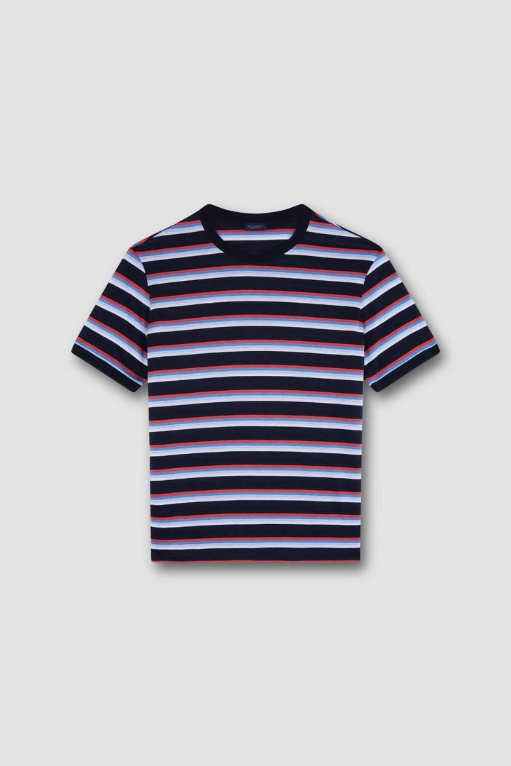T-shirt à rayures multicolores, col rond, manches courtes en coton doux et léger, style moderne.