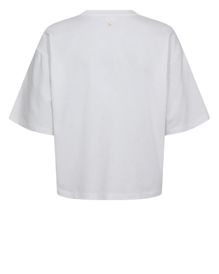 Vue arrière du T-shirt à appliqués floraux ton sur ton avec coupe ample et manches courtes, tissu doux et confortable.