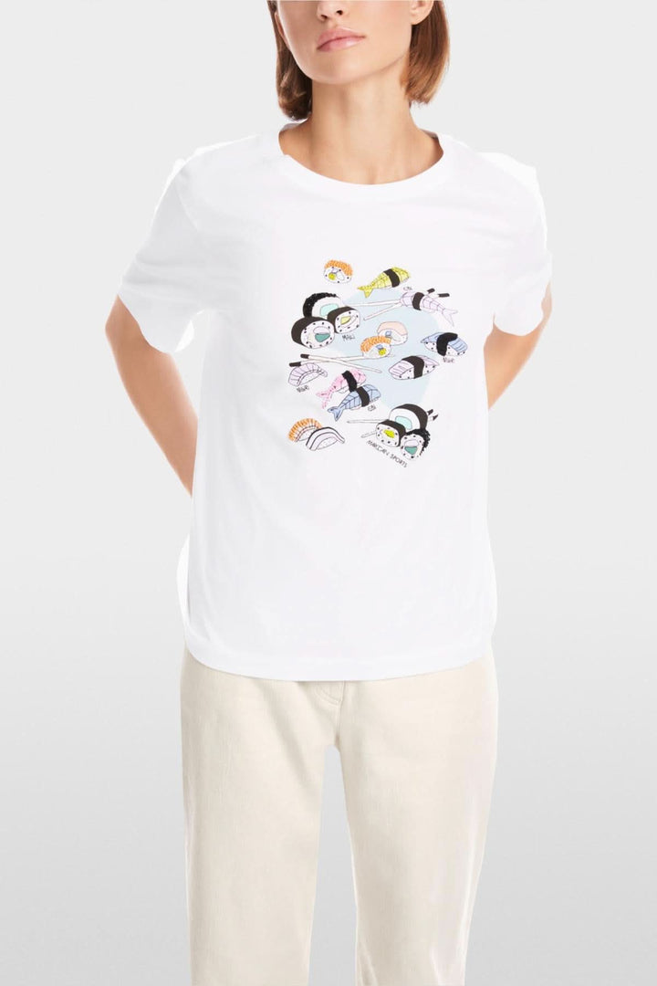 T-shirt blanc avec un design sushi coloré, perles et paillettes, coupe décontractée pour l&