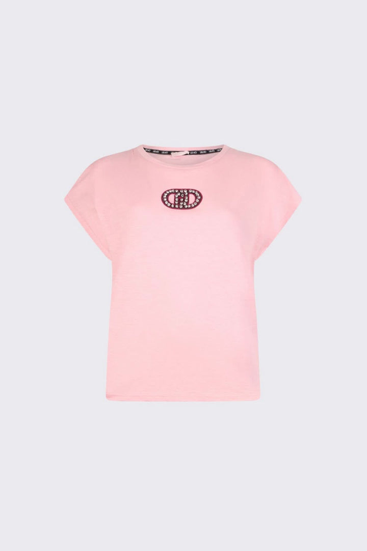 T-shirt avec logo décoratif rose à manches courtes, encolure ronde, tissu doux et léger, idéal pour un style décontracté et élégant au quotidien.