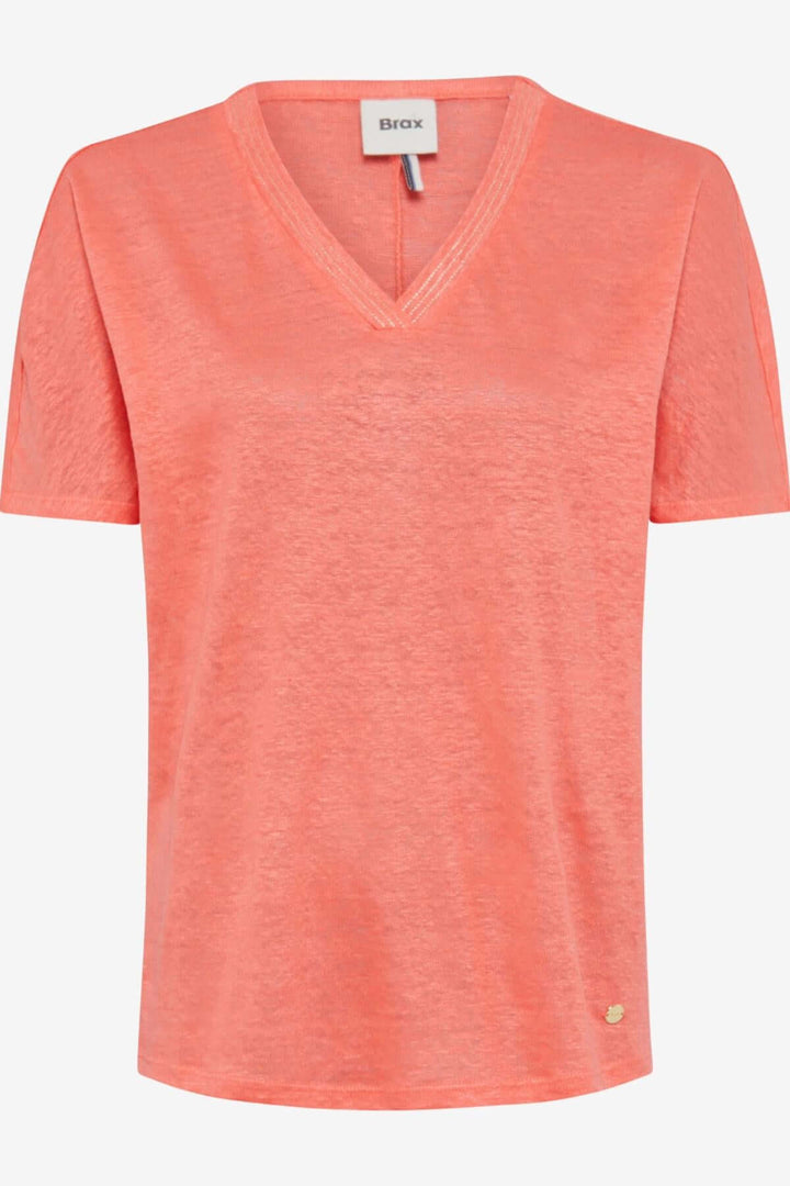 T-shirt col V CAELEN pour femme, couleur corail, en lin fin avec couture décorative.