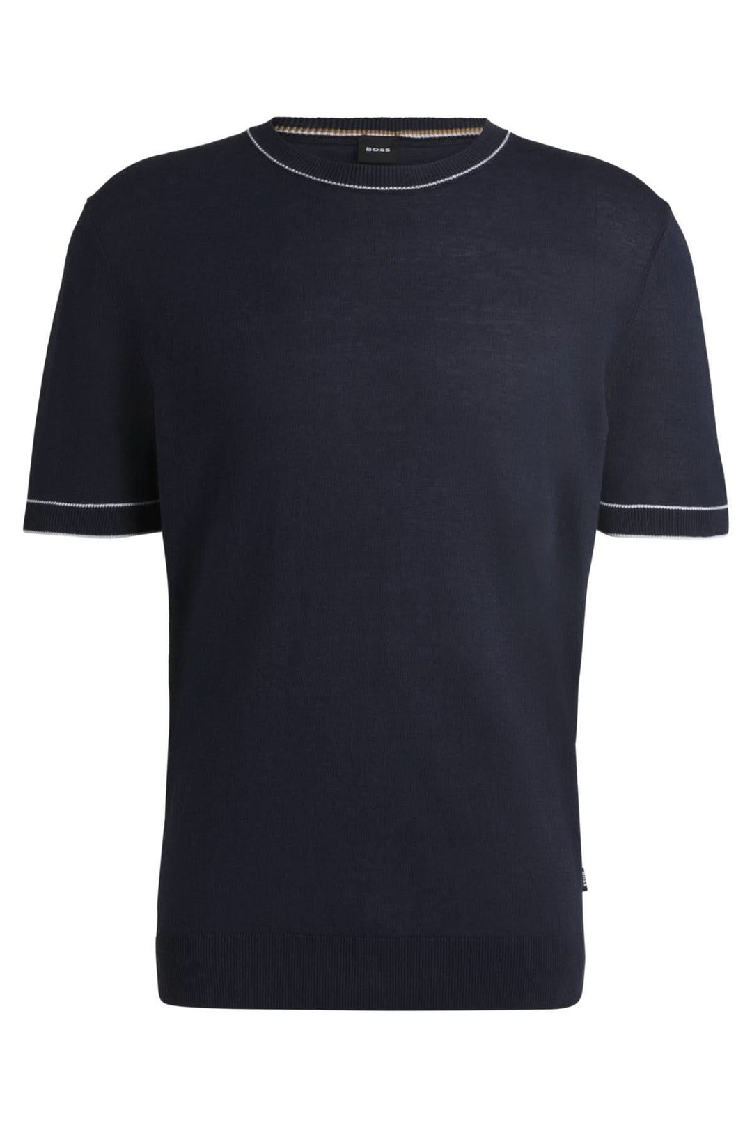 T-shirt en lin bleu marine avec col rond et détails contrastés, idéal pour un look décontracté ou habillé.