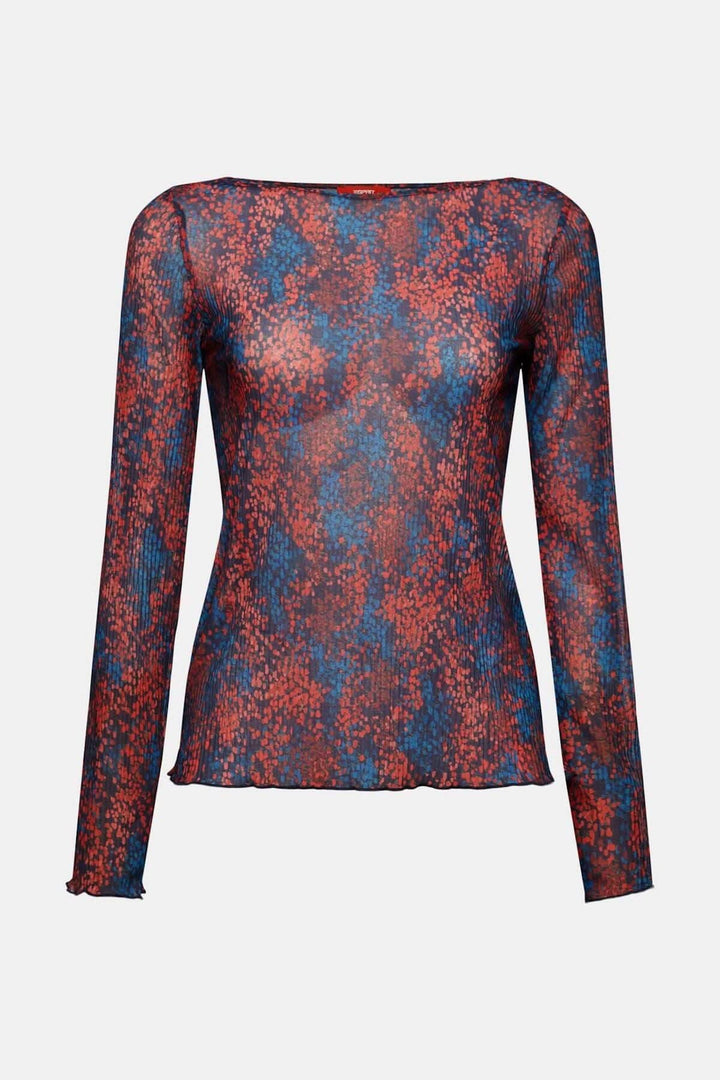 T-shirt en mesh plissé à motif floral, manches longues, semi-transparent, encolure dégagée, tissu extensible.