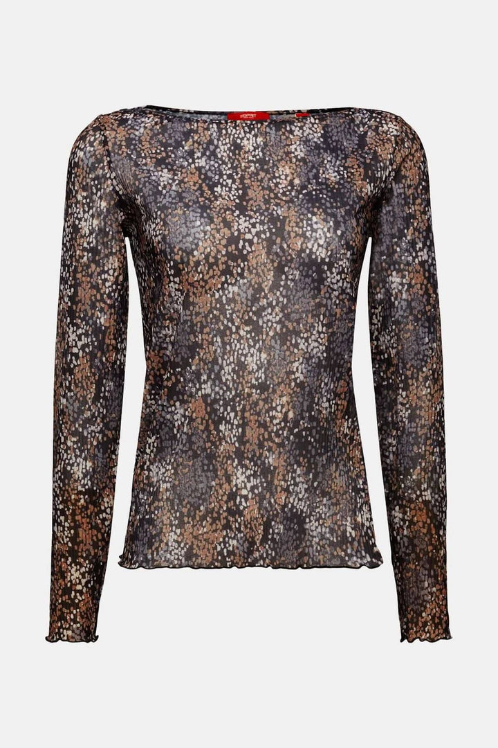 T-shirt en mesh plissé à motif floral, manches longues, semi-transparent, coupe près du corps.