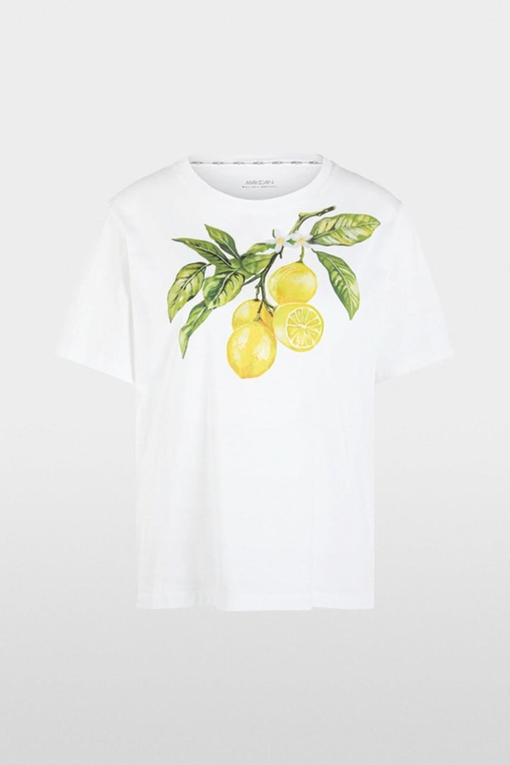 T-shirt imprimé citron en coton bio avec citrons, paillettes et perles sur fond blanc, coupe ample et manches courtes.