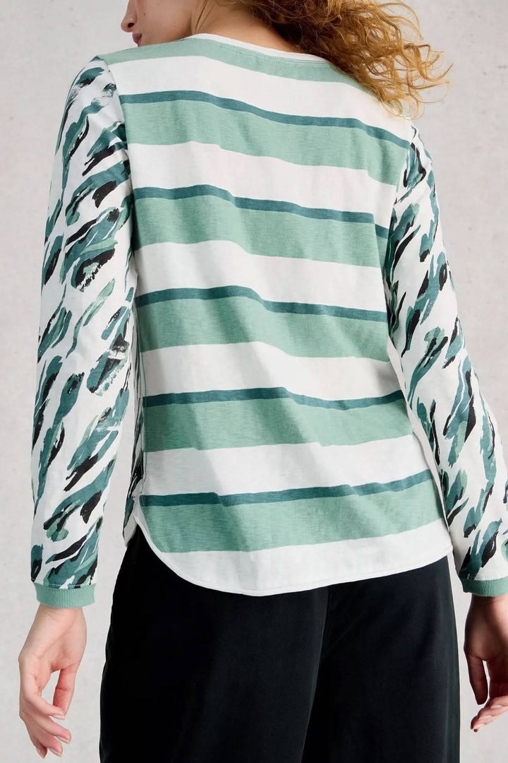 Dos du T-shirt à manches longues Clara avec motif rayé et imprimé, coupe droite, encolure ronde et manches longues, confort élégant.