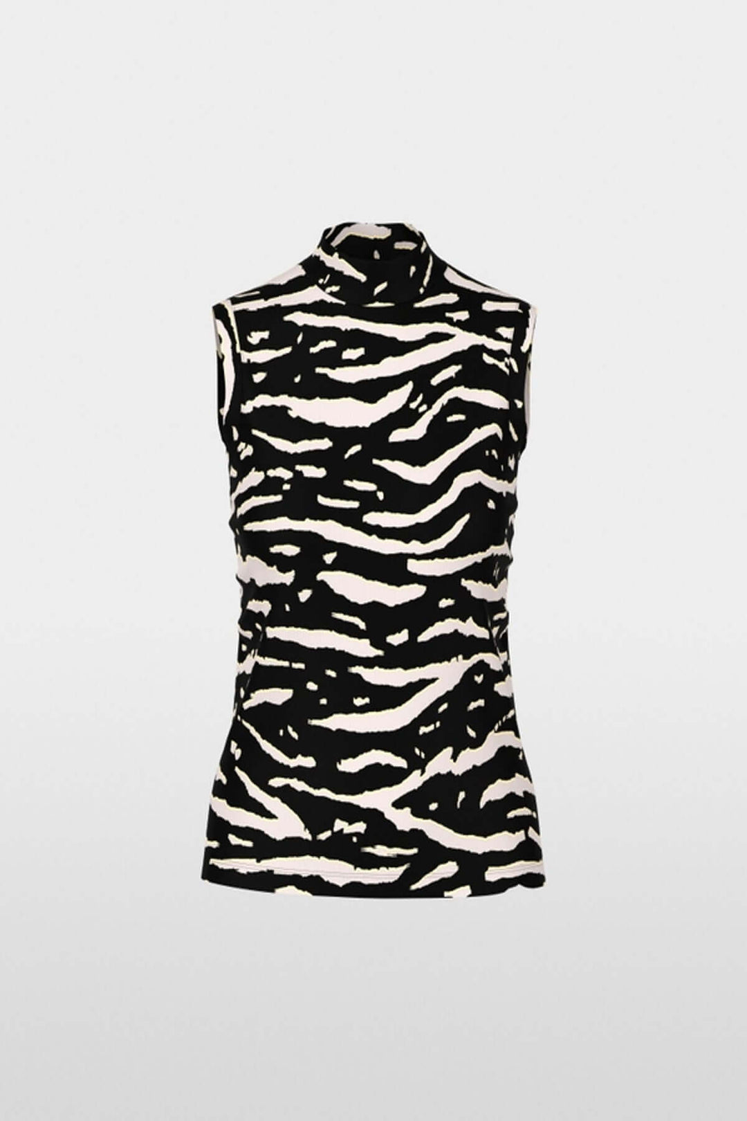 Top avec imprimé animalier, sans manches, col montant, tricot côtelé, tenue tendance et confortable, idéal pour toutes occasions.