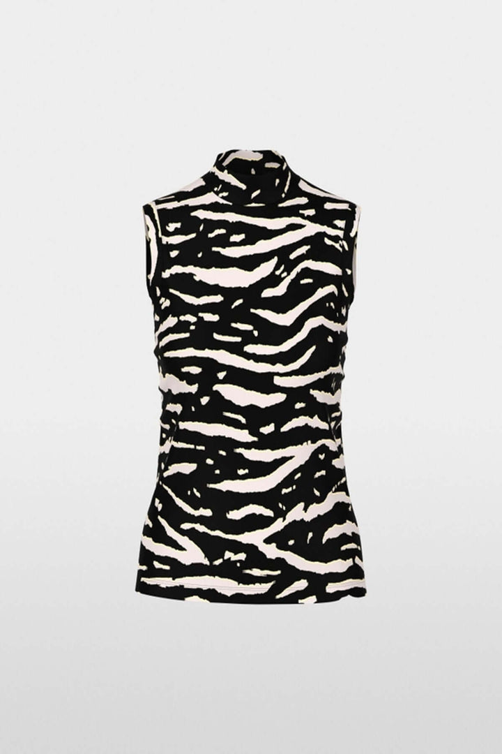 Top avec imprimé animalier, sans manches, col montant, tricot côtelé, tenue tendance et confortable, idéal pour toutes occasions.