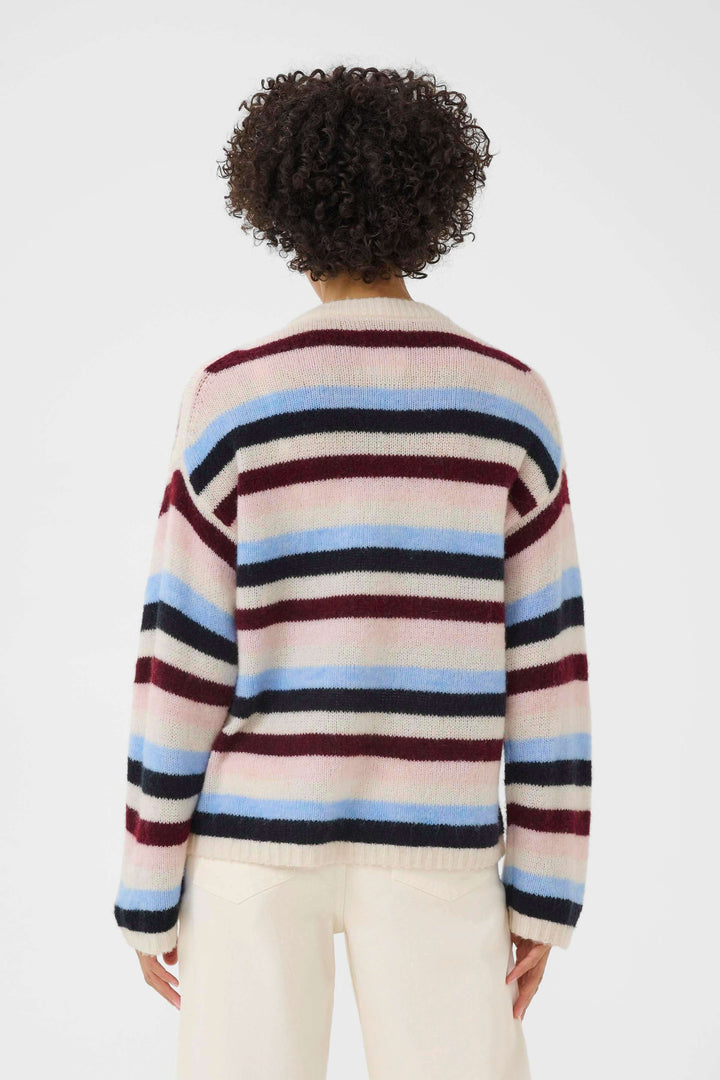 Tricot Spence à rayures multicolores, vue arrière, col rond, manches longues, coupe décontractée, idéal pour un style chic et confortable.