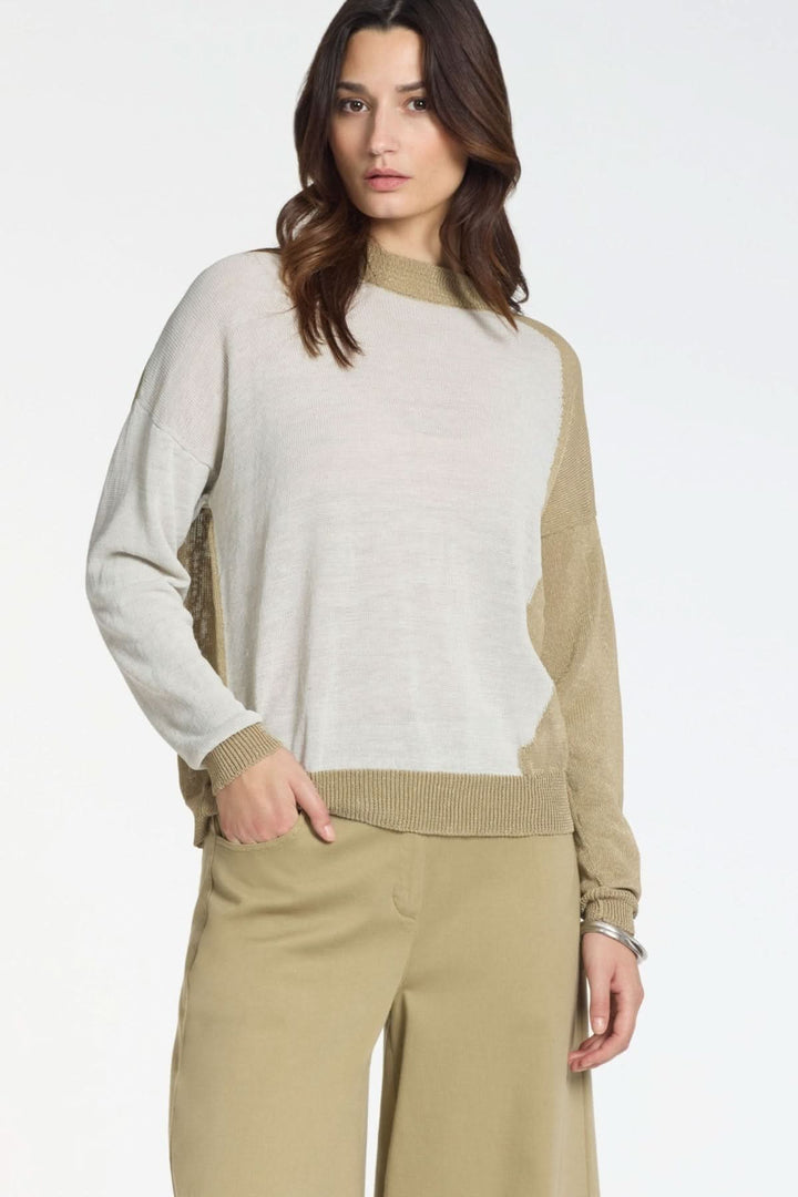 Tricot bicolore en maille légère au design moderne avec manches longues et finitions côtelées, idéal pour un style raffiné et polyvalent.