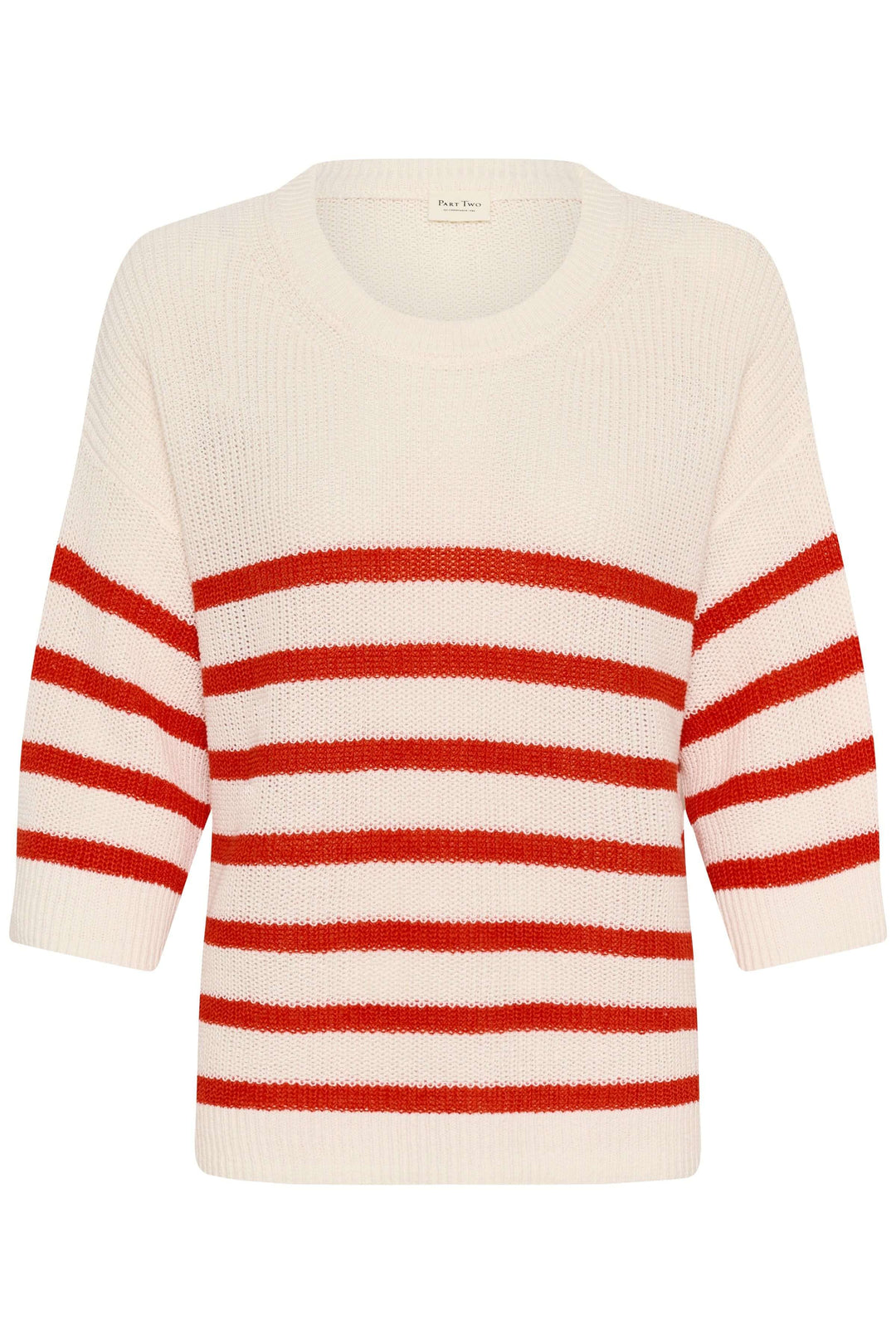 Tricot lin et coton Aliza à rayures rouges et blanches, manches courtes, maille légère, coupe décontractée.