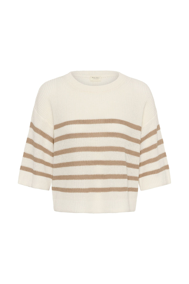 Tricot lin et coton Aliza à manches courtes avec motif à rayures, idéal pour un look décontracté mi-saison.