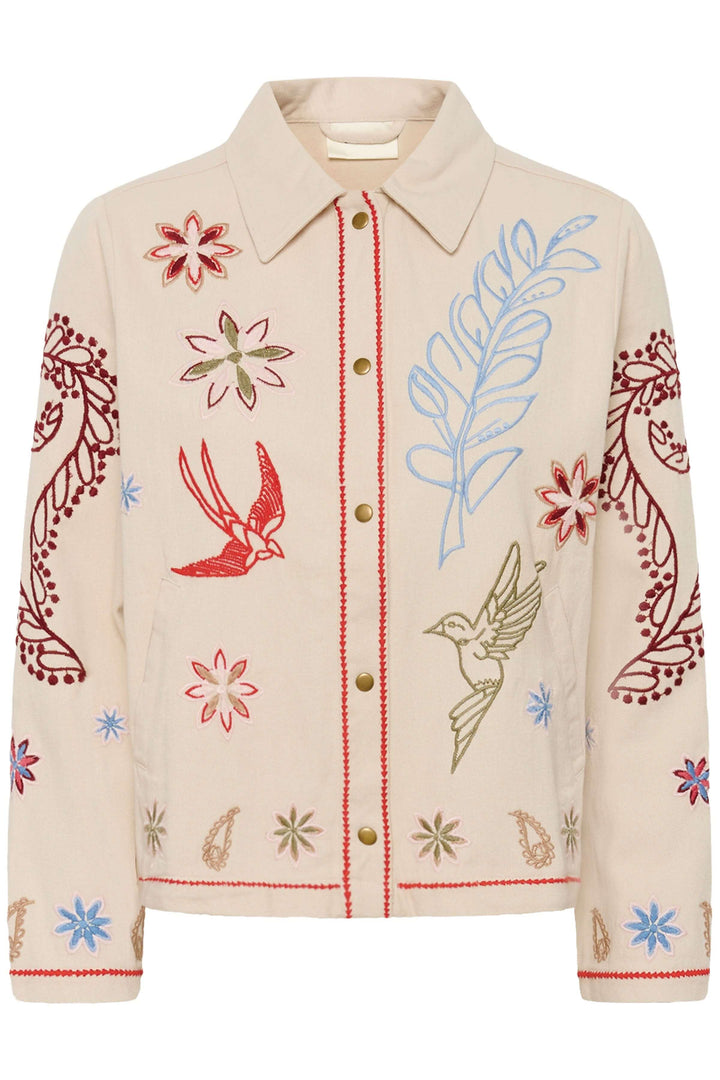 Veste Rosetta brodée à col chemise avec broderies artistiques colorées et fermeture boutonnée sur le devant.