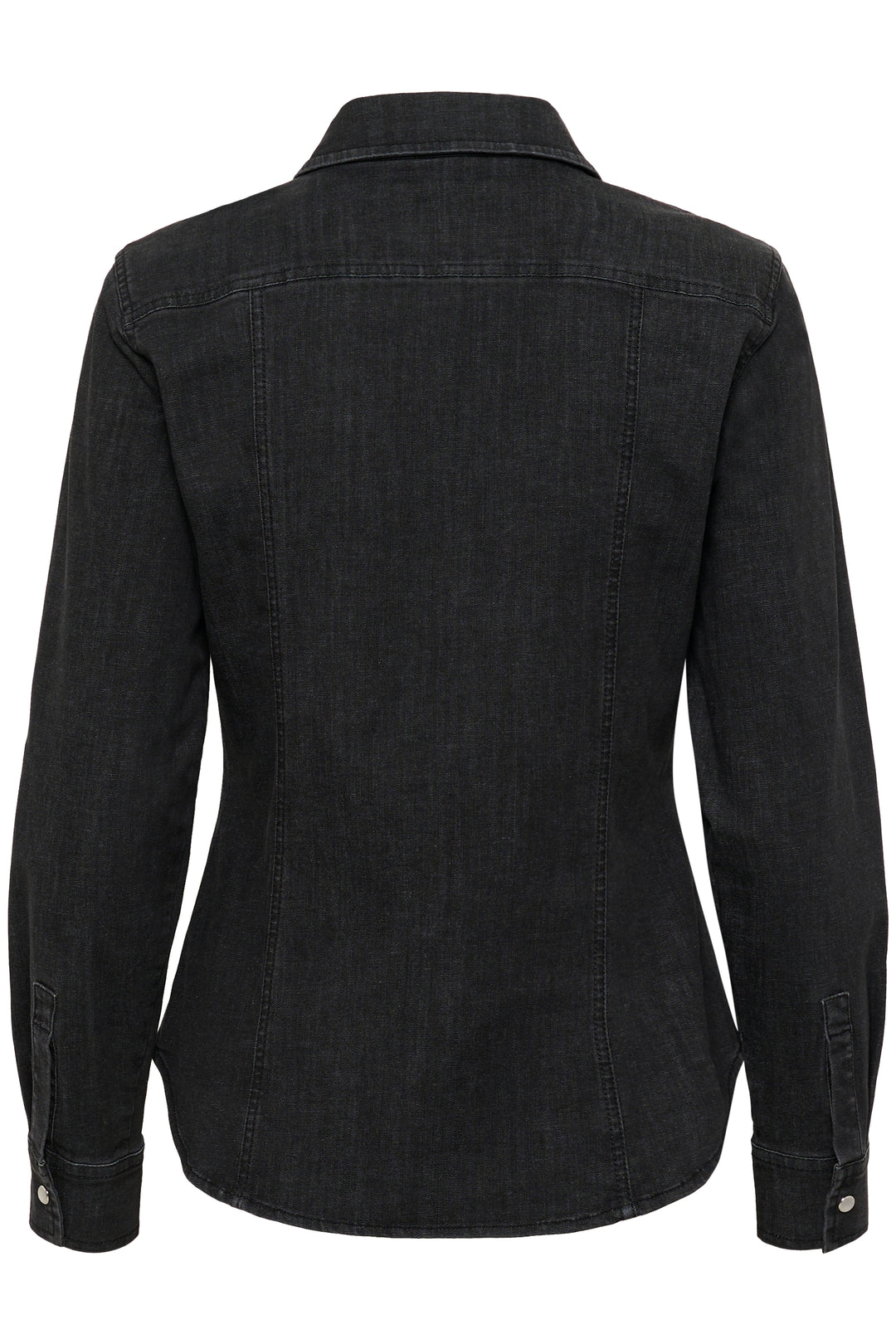 Veste Sanilla en denim noir, vue arrière, coupe ajustée et détails pratiques, idéale pour un style moderne.