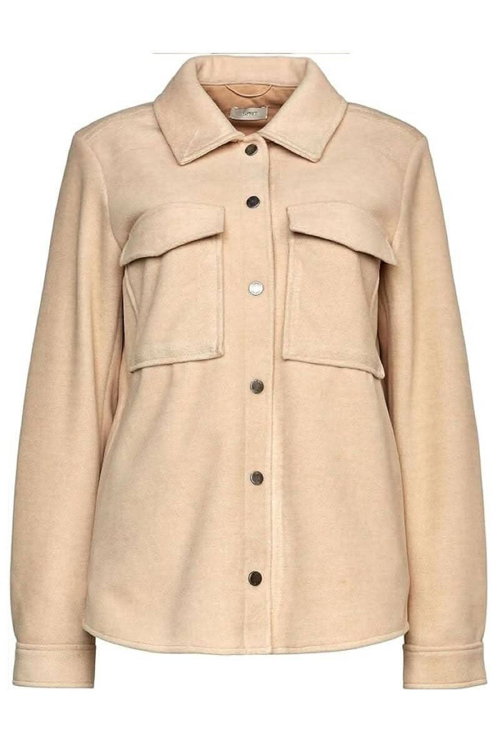 Veste beige à manches longues avec poches poitrine et boutons, idéale pour l&