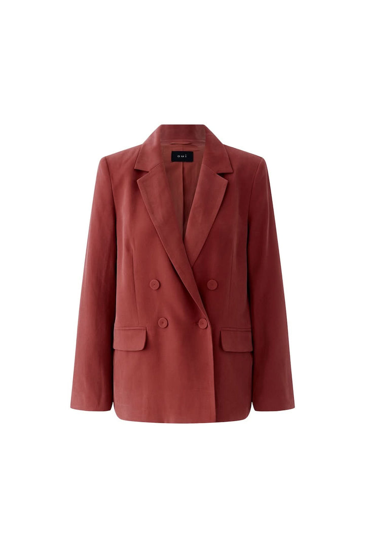 Veste blazer structurée croisée rouge avec double boutonnage et coupe droite, idéale pour un look professionnel ou décontracté.