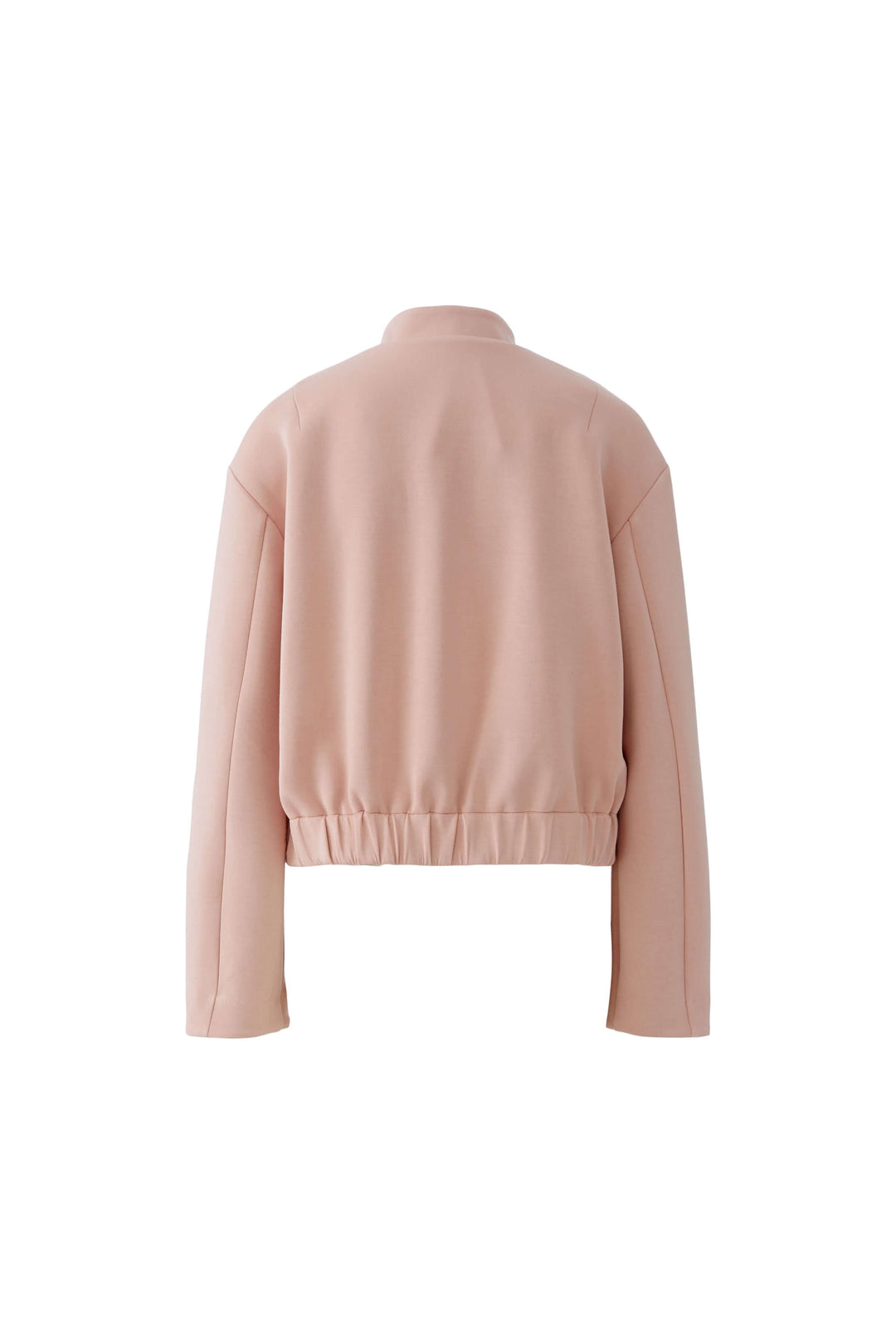 Veste courte rose à col montant, coupe droite et pression, inspirée du vestiaire urbain.